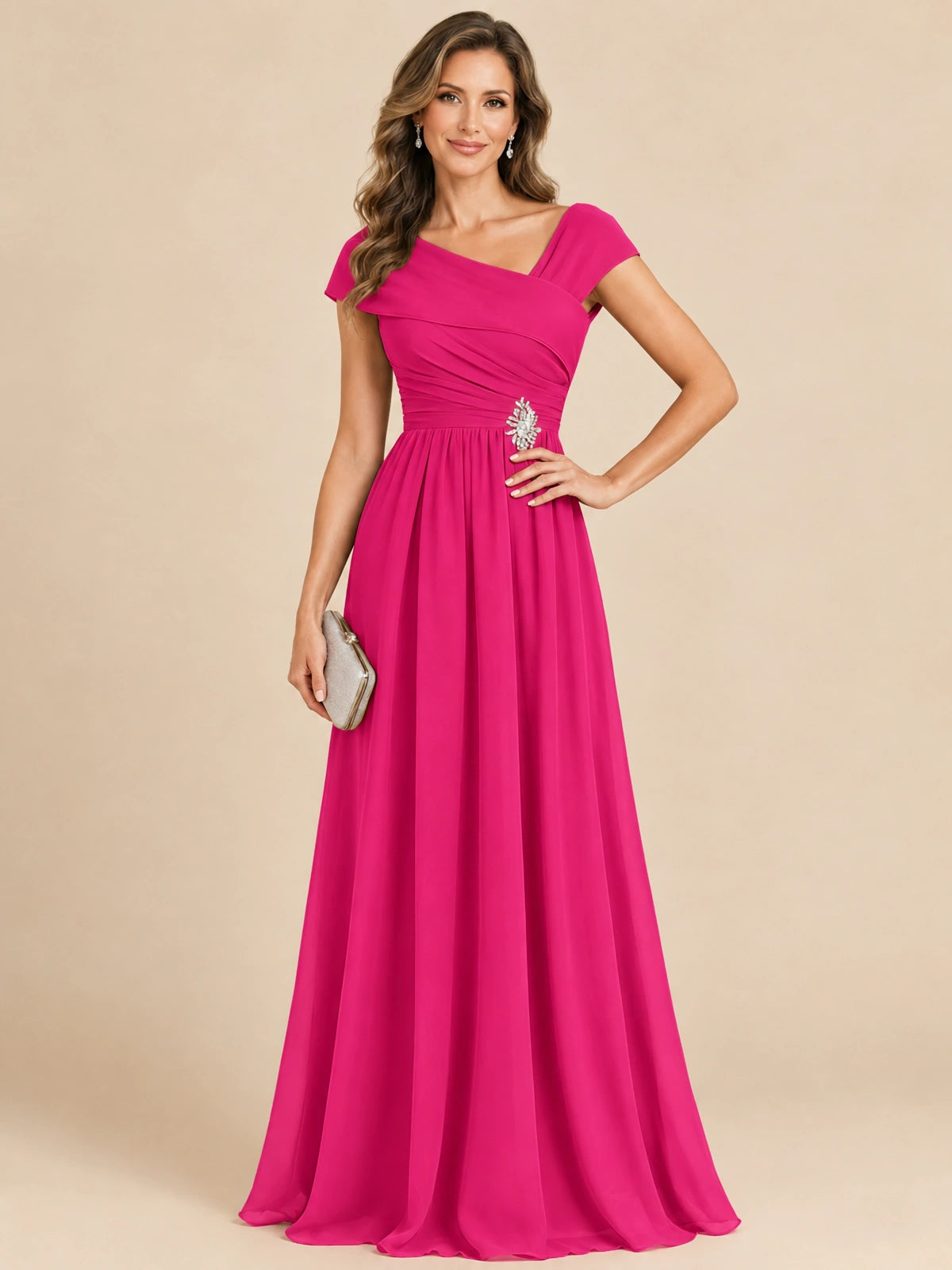 Cap Sleeve Mother of The Bride Dresses Long Chiffon Formal Gowns