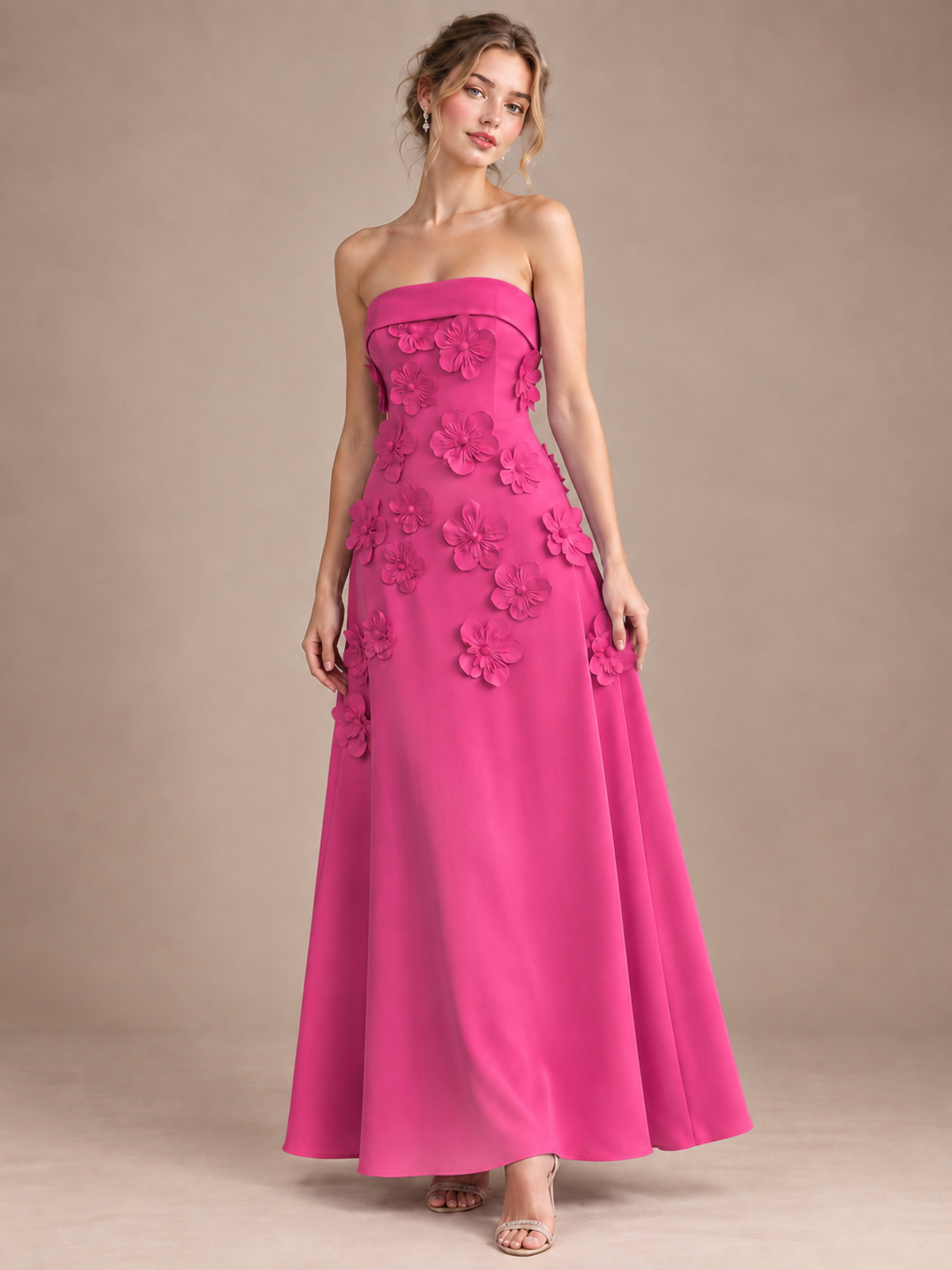 Hot Pink Strapless 3D Floral Appliques Maxi Dress