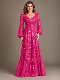 Floral Sequin Embroidered A-Line Mother of the Bride Dress with Long Sleeves