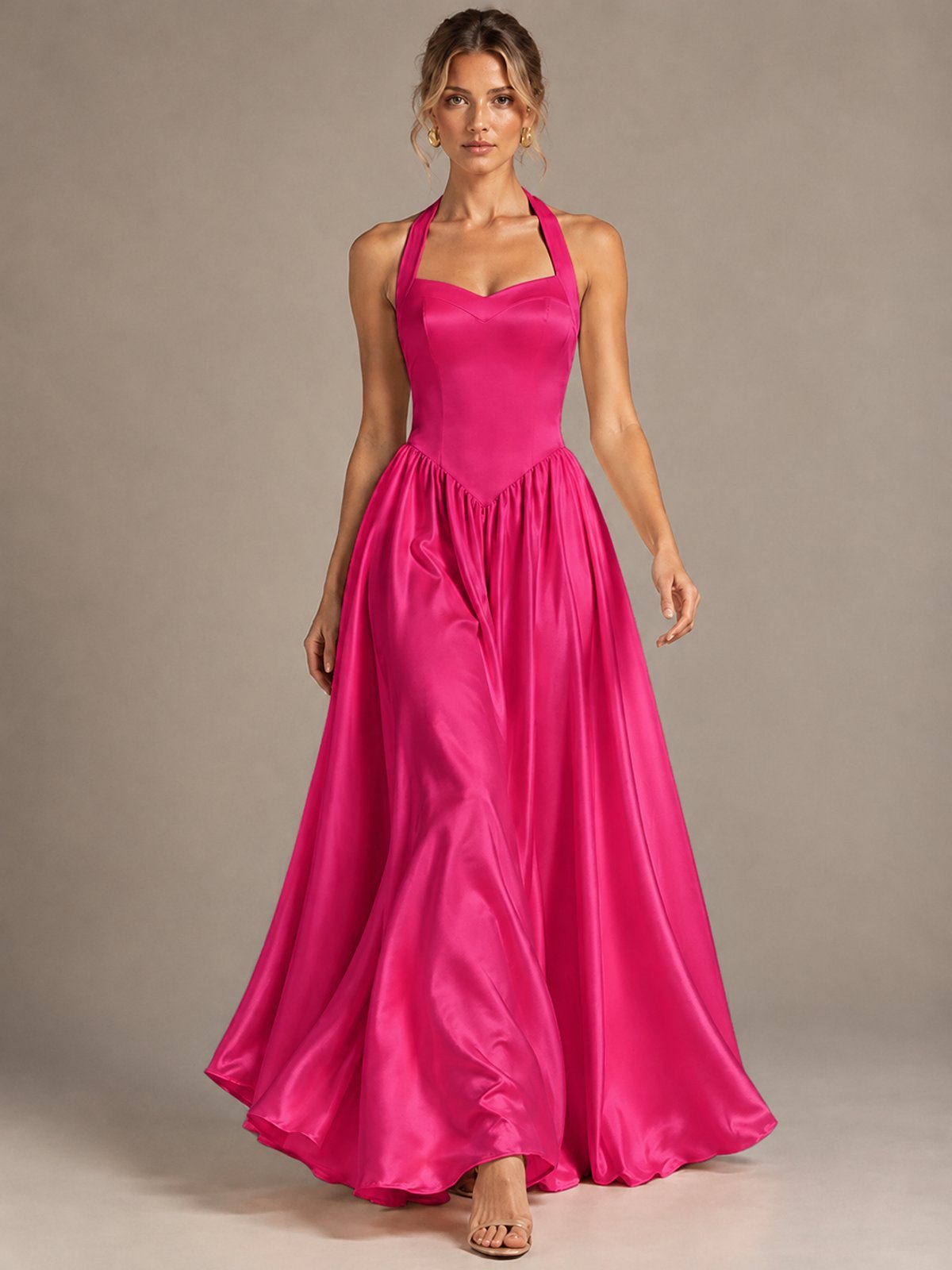 Light Yellow Halter Neck Satin A-Line Maxi Dress with Pockets