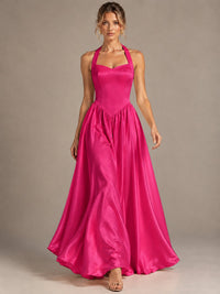 Light Yellow Halter Neck Satin A-Line Maxi Dress with Pockets