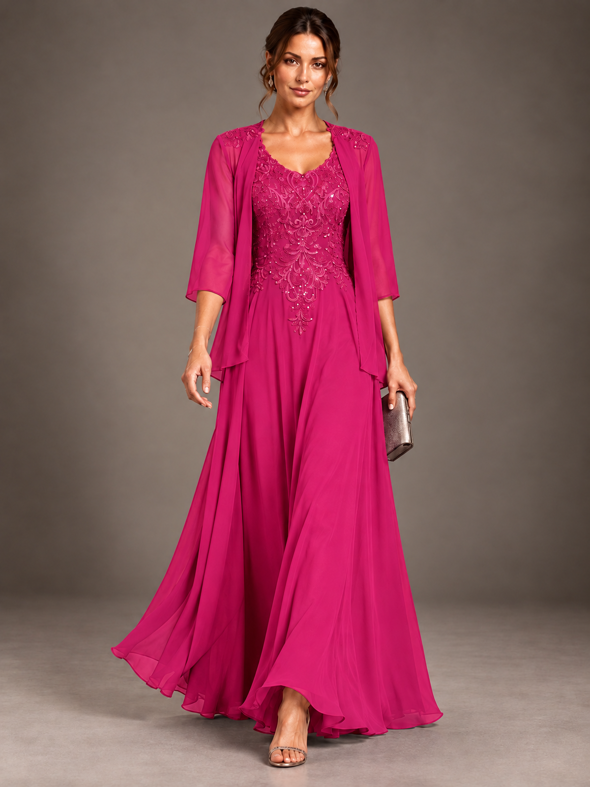 A-line 2 Pieces Chiffon Appliques Mother of The Bride Dresses with Jackets