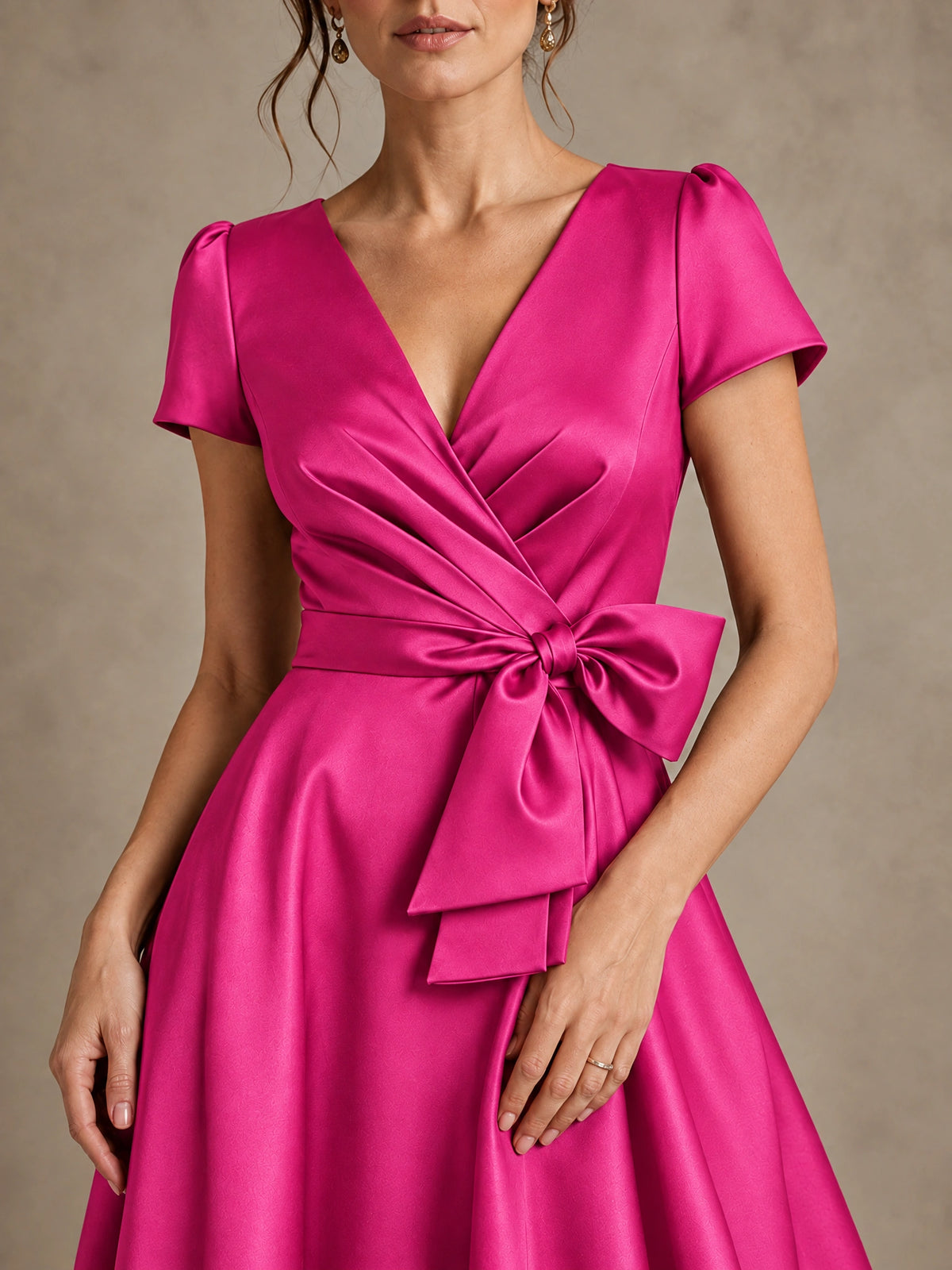 V-Neck Tea-Length Satin Mother of the Bride Dress with Bow