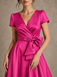 V-Neck Tea-Length Satin Mother of the Bride Dress with Bow