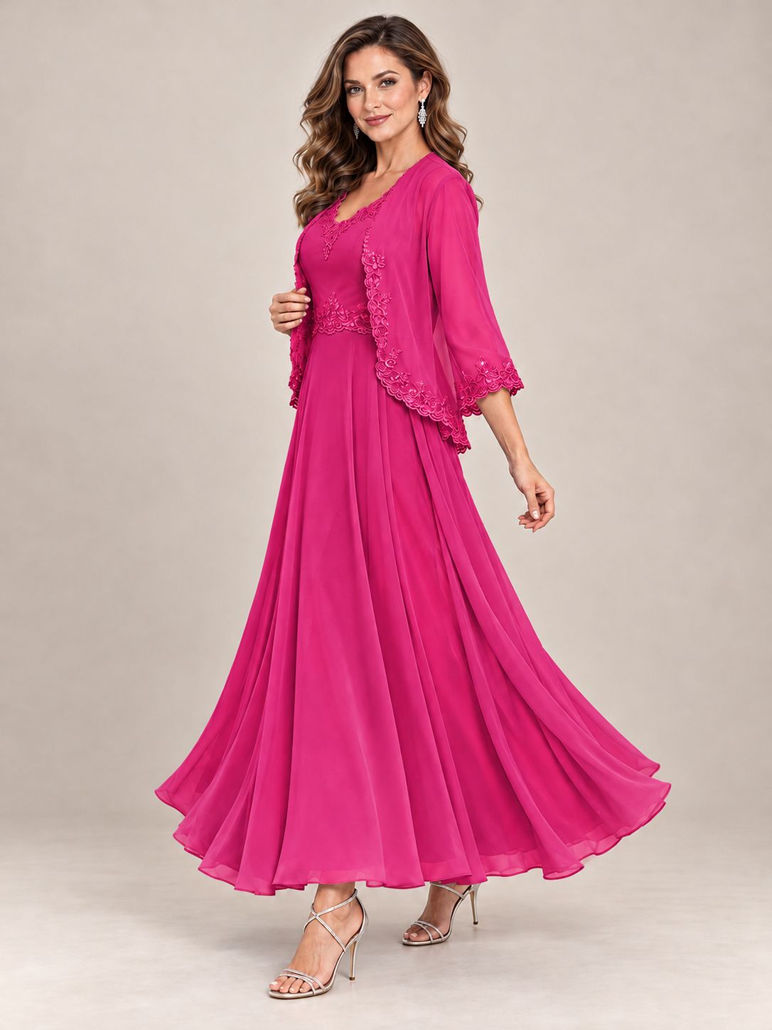 Dusty Blue Floral Lace Chiffon Mother of the Bride Dress with Jacket