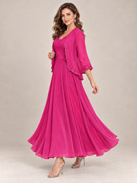 Dusty Blue Floral Lace Chiffon Mother of the Bride Dress with Jacket