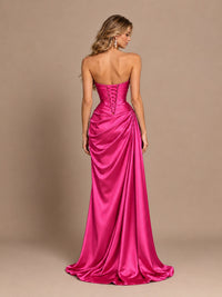 Dusty Blue Strapless Satin Prom Dress with Ruched Bodice and Slit