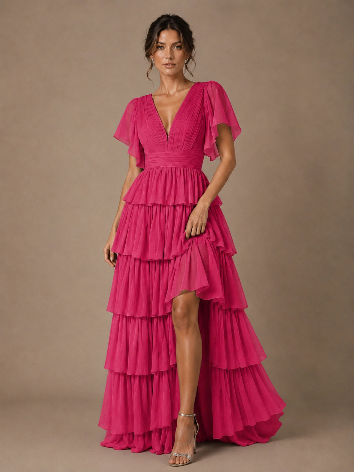 Chiffon V-Neck Tiered Ruffle Bridesmaid Dress with Slit