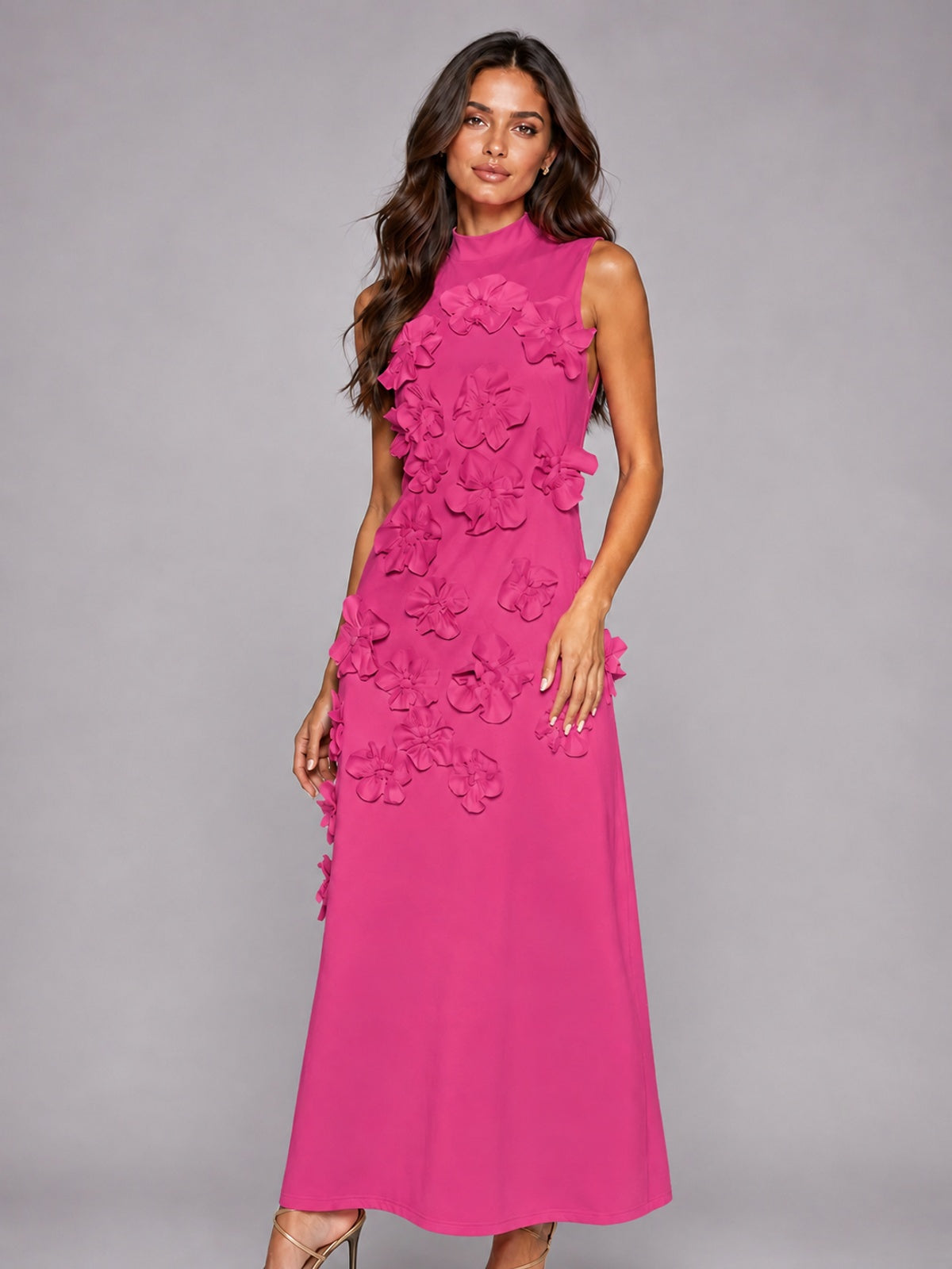 3D Floral Applique High Neck Prom Maxi Dress