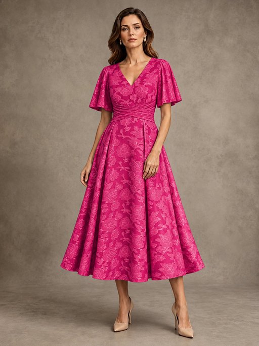 V-Neck Floral Jacquard Tea-Length Mother of the Bride Dress