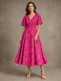 V-Neck Floral Jacquard Tea-Length Mother of the Bride Dress