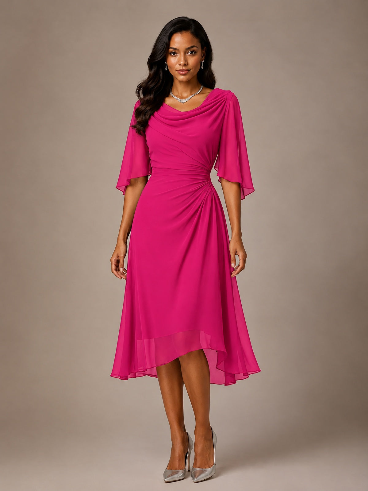 Cowl Neck Ruched Chiffon Mother of the Bride Dresses with Flutter Sleeves