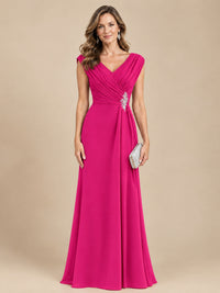 V Neck Pleated Mother of The Bride Dresses with Beading Cap Sleeves