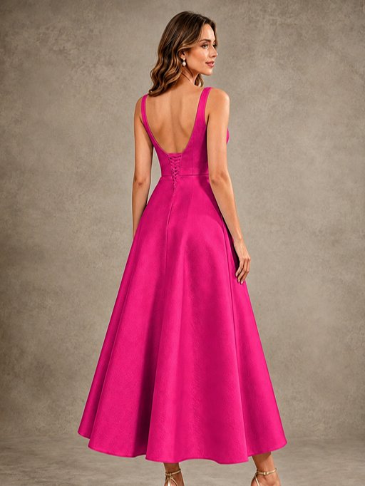Tea-Length Satin Mother of the Bride Dress with 3D Flower Detail