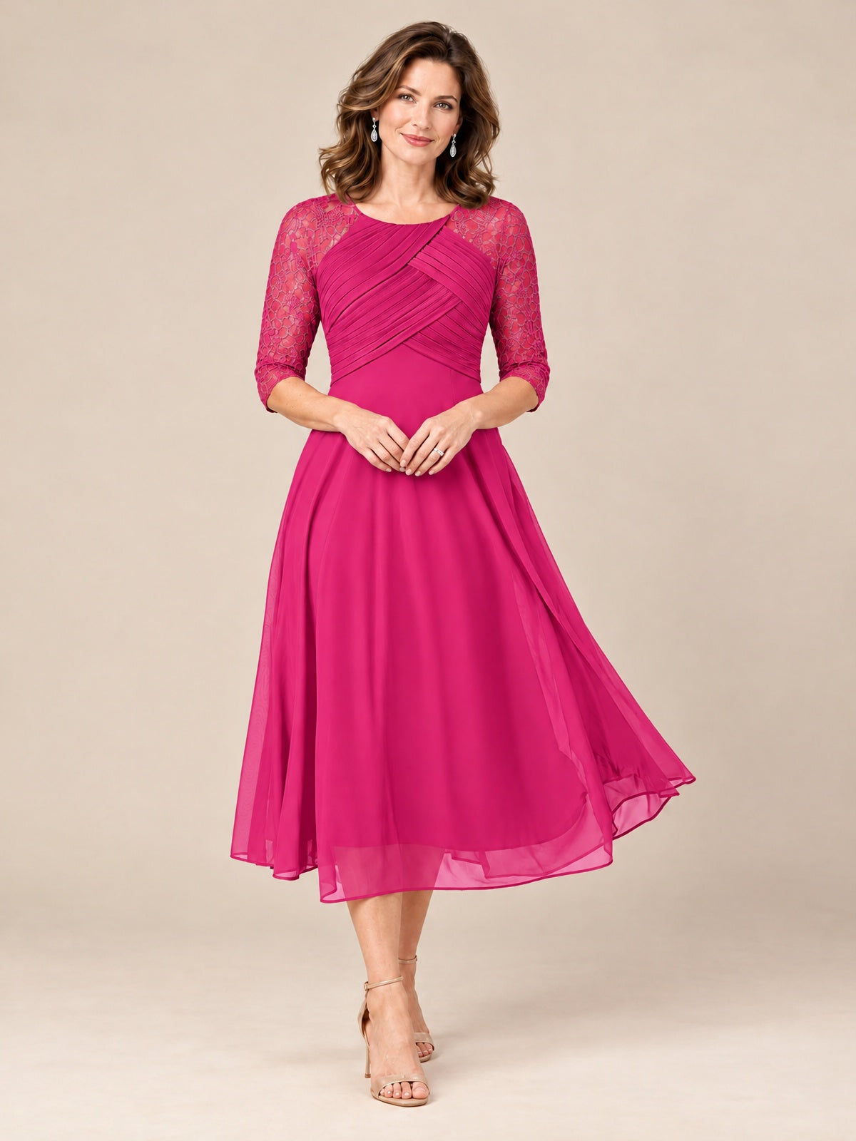 Hot Pink-Lace Applique Pleated Tea Length Mother of The Bride Dresses