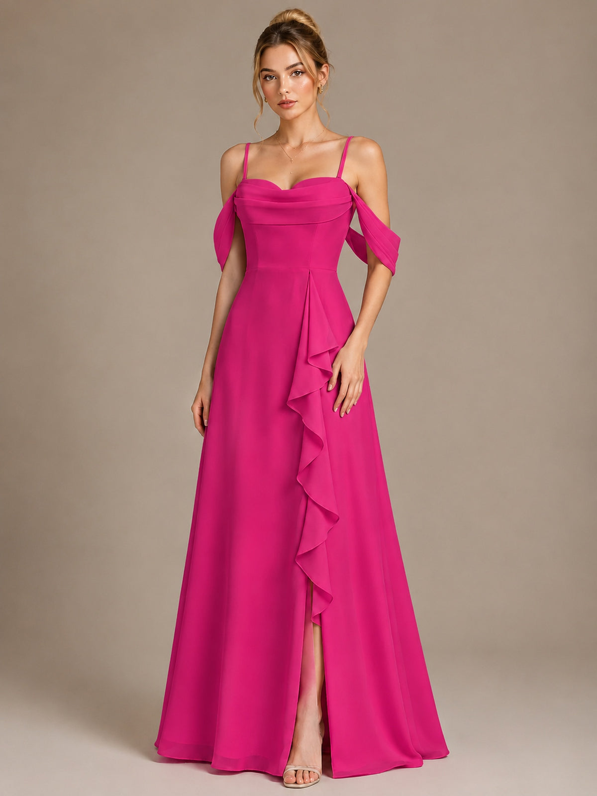 Spaghetti Strap Chiffon Bridesmaid Dress with Ruffles Slit