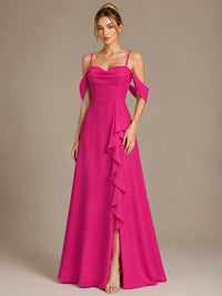 Spaghetti Strap Chiffon Bridesmaid Dress with Ruffles Slit