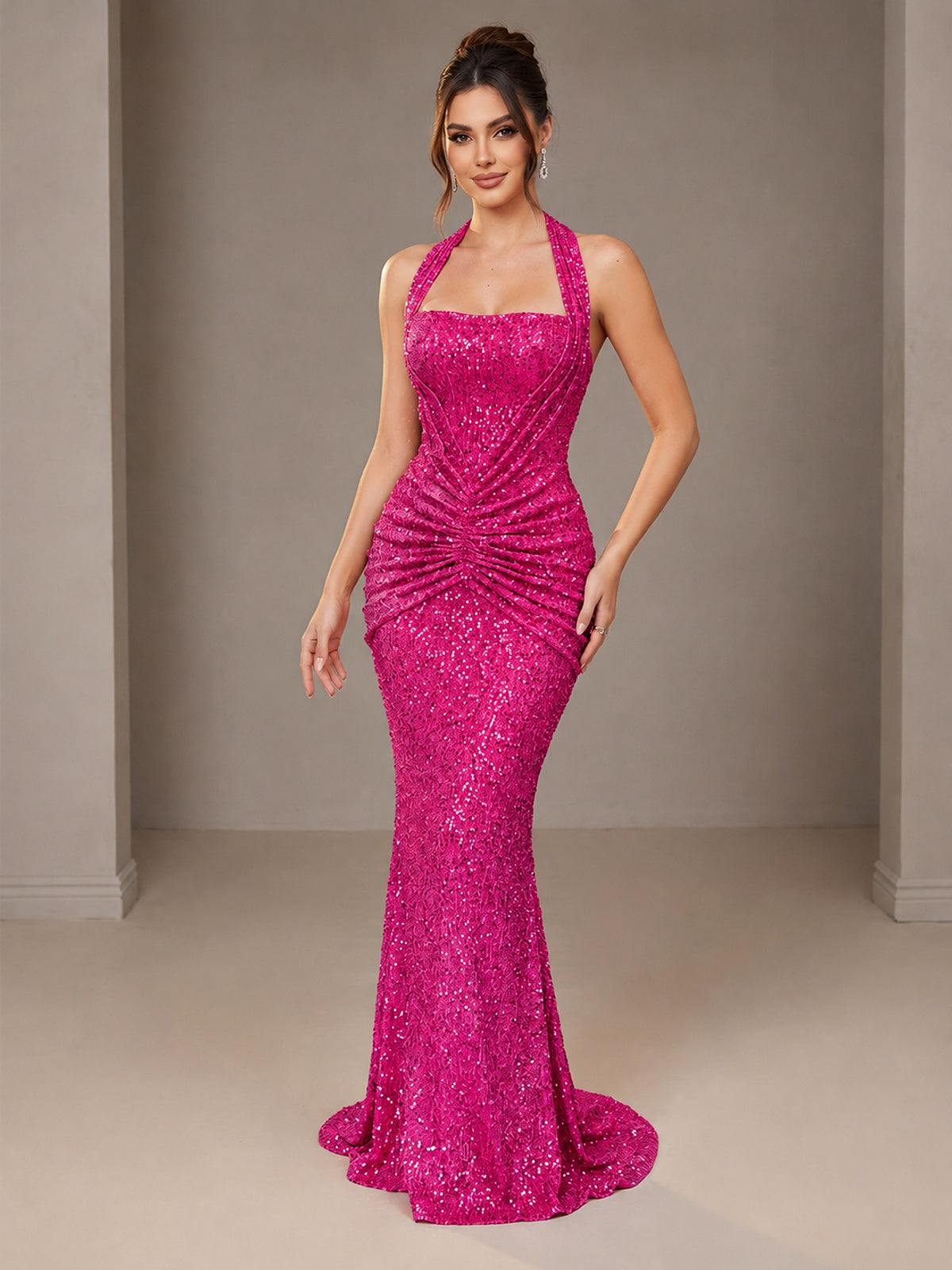 Hot Pink Halter Sequin Mermiad Ruched Prom Dress Long Ruched Eveing Gown