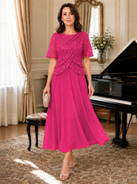 Tea-Length Chiffon Mother of the Bride Dress with Sequin Lace Sleeves