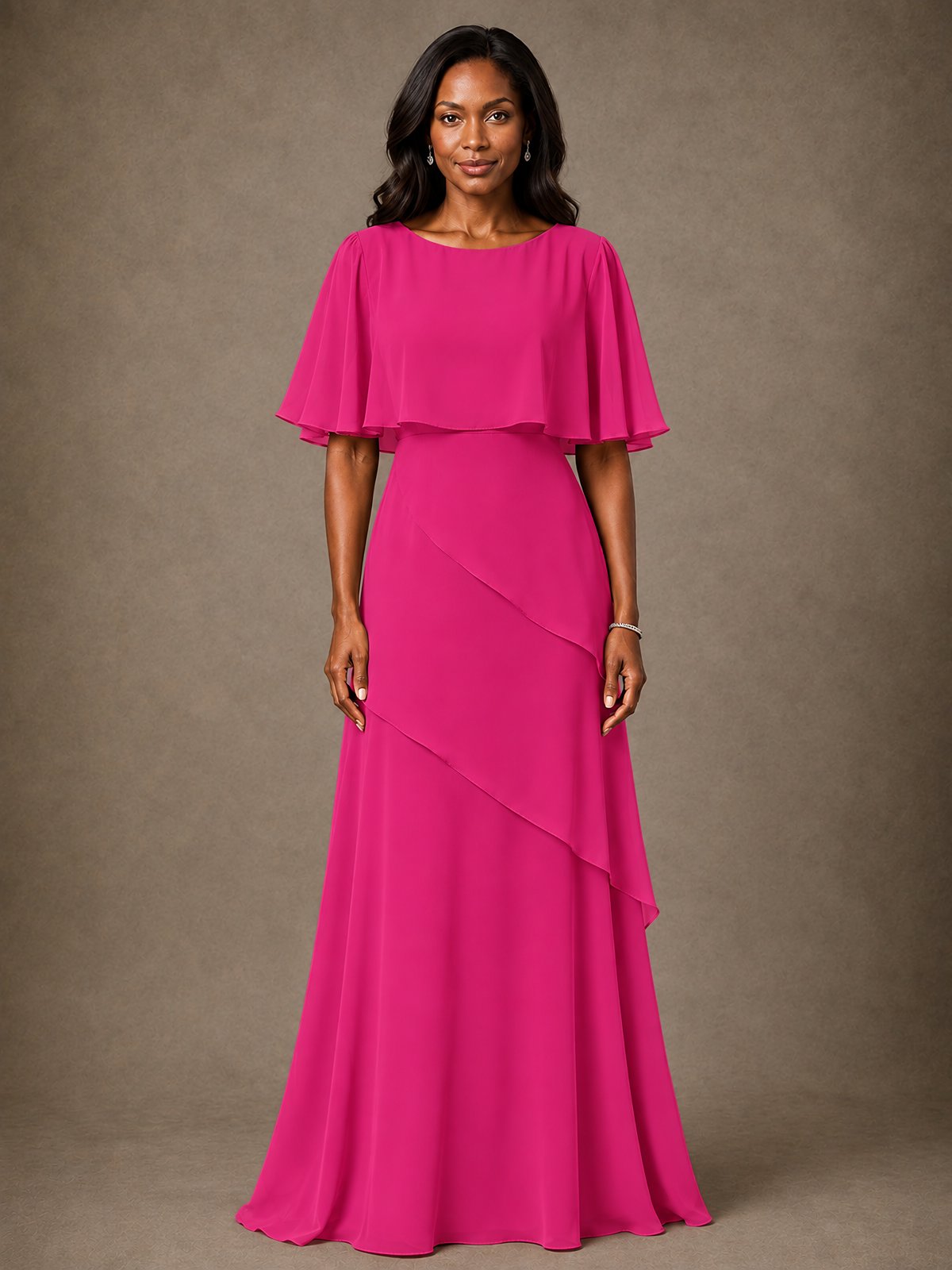 Taupe Chiffon A-Line Mother of the Bride Dress with Cape Sleeves