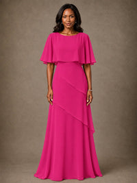 Taupe Chiffon A-Line Mother of the Bride Dress with Cape Sleeves