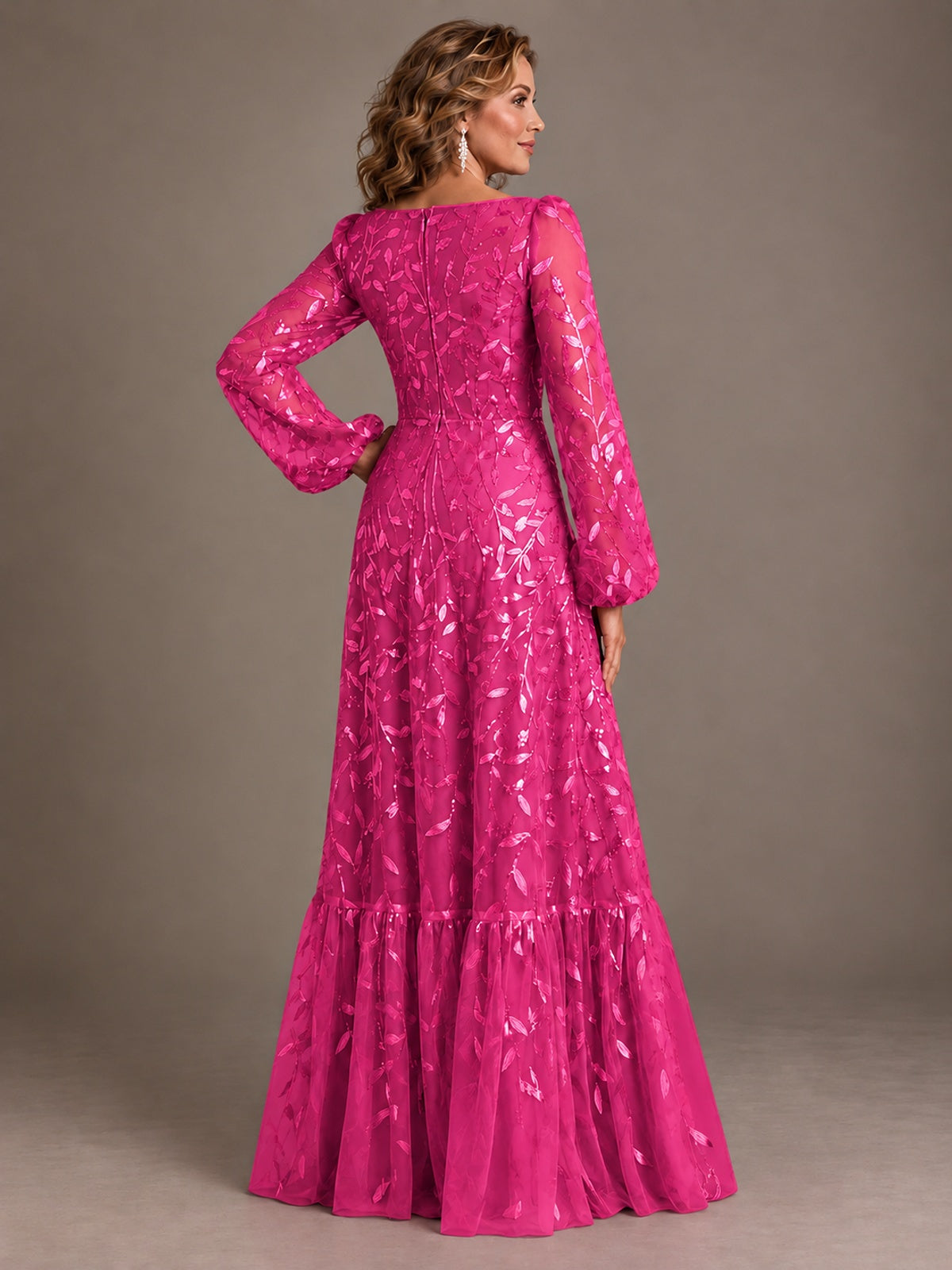 Floral Sequin Embroidered A-Line Mother of the Bride Dress with Long Sleeves