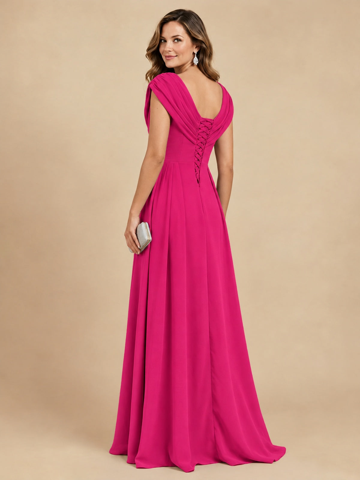 V Neck Pleated Mother of The Bride Dresses with Beading Cap Sleeves