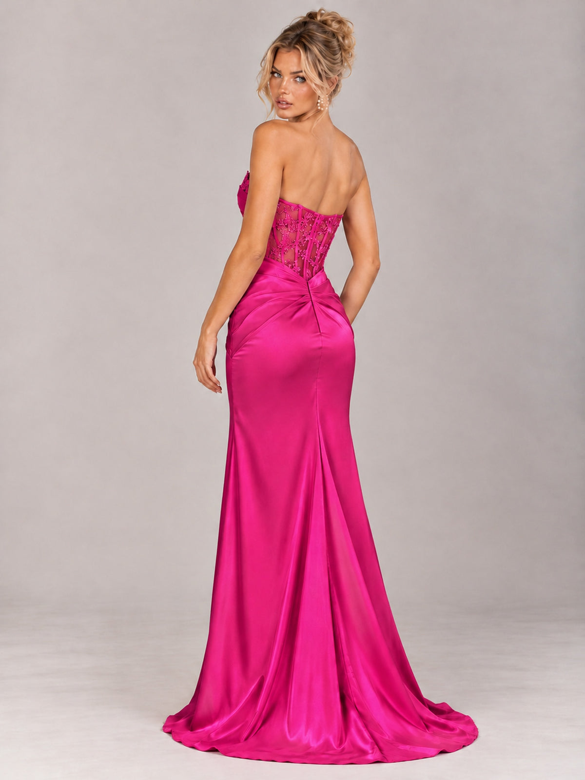 Strapless Satin Prom Dress with Sheer Lace Corset & High Slit