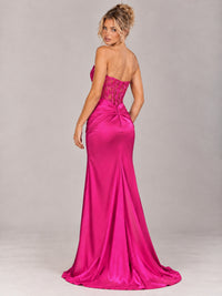 Strapless Satin Prom Dress with Sheer Lace Corset & High Slit