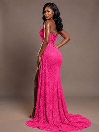 Luxury Strapless Sequin Corset Mermaid Prom Dress with High Slit & Train