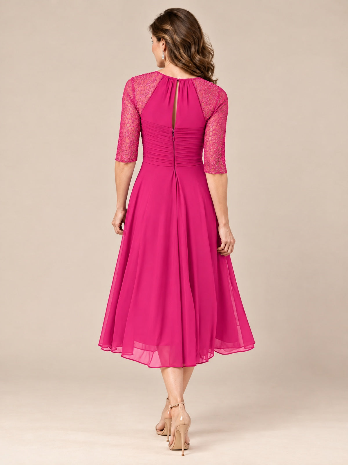 Tea-Length Mother of the Bride Dress with Lace 3/4 Sleeves