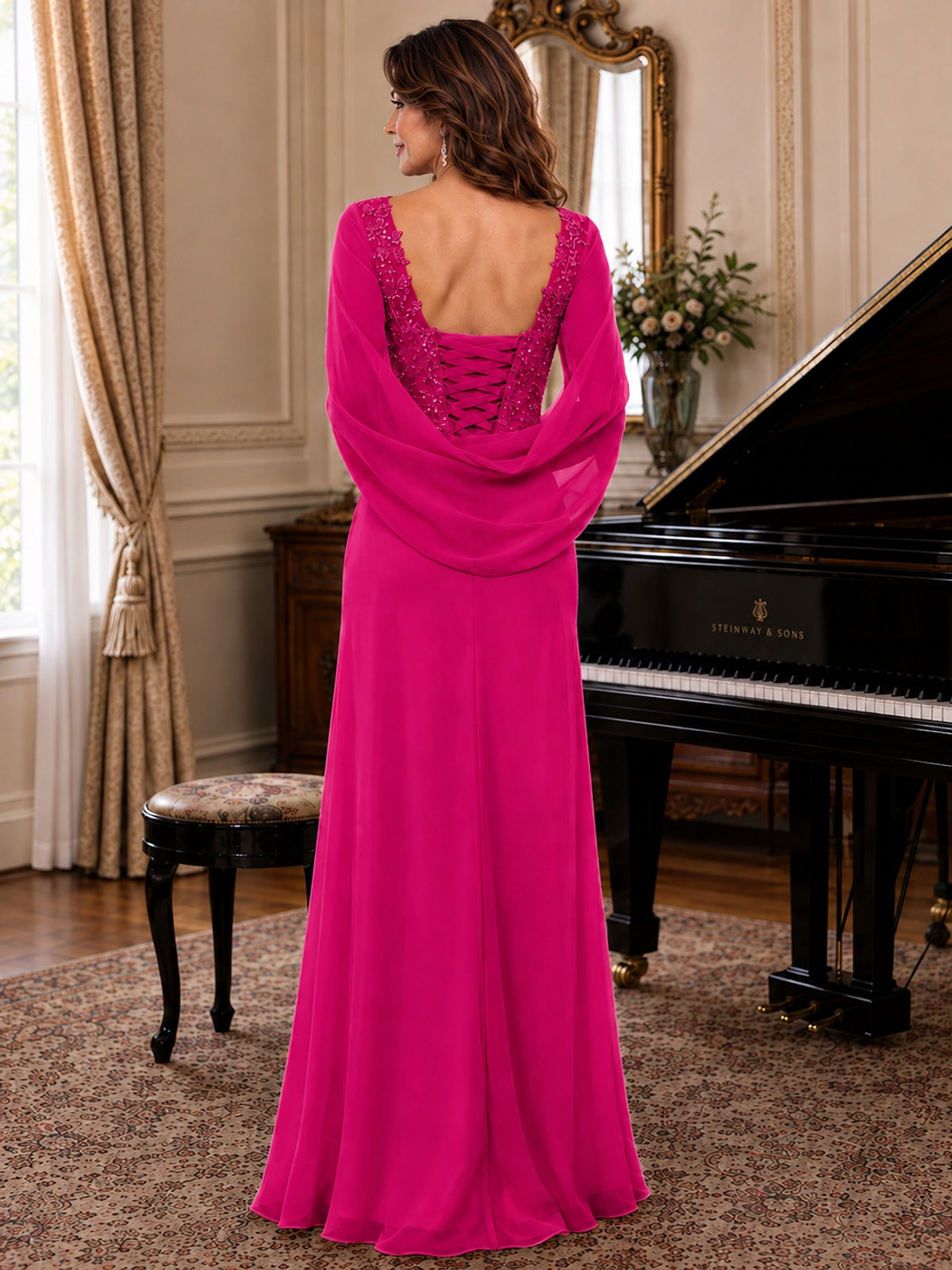 Elegant Applique Chiffon Mother of the Bride Dress with Cape Sleeves