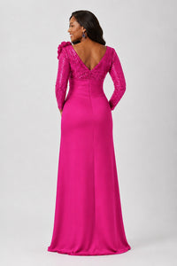Sequin Mother of the Bride Dress with Long Sleeves 3D Floral V-Neck Gown