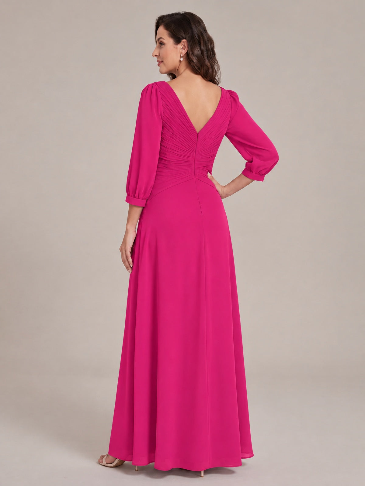 V-Neck Pleated Chiffon Mother of the Bride Dress with Flutter Sleeves