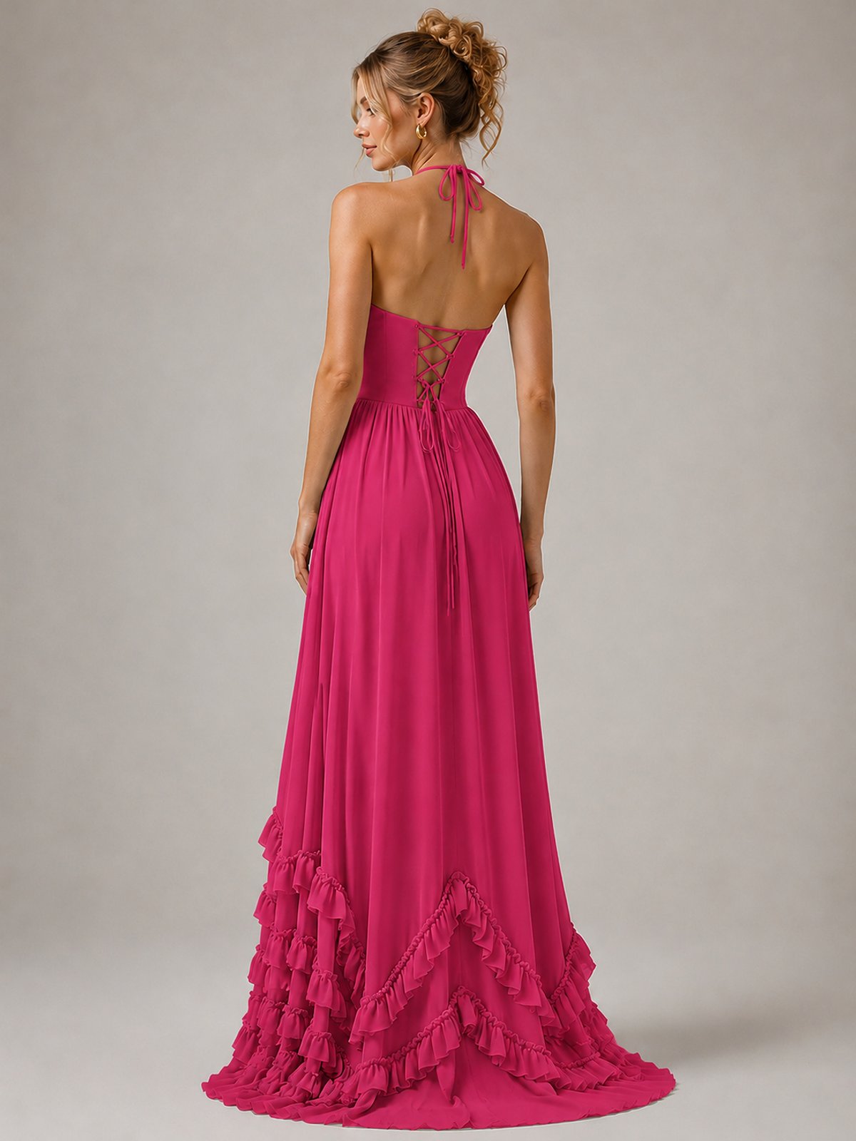 Halter V Neck Chiffon Formal Dress with Lace-Up Back and Ruffle Hem