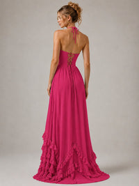 Halter V Neck Chiffon Formal Dress with Lace-Up Back and Ruffle Hem