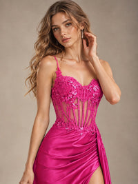 Mermaid Satin Prom Dress with Floral Appliqué Corset and High Slit