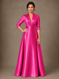 V-Neck Pleated Satin Mother of the Bride Gown with 3/4 Sleeves