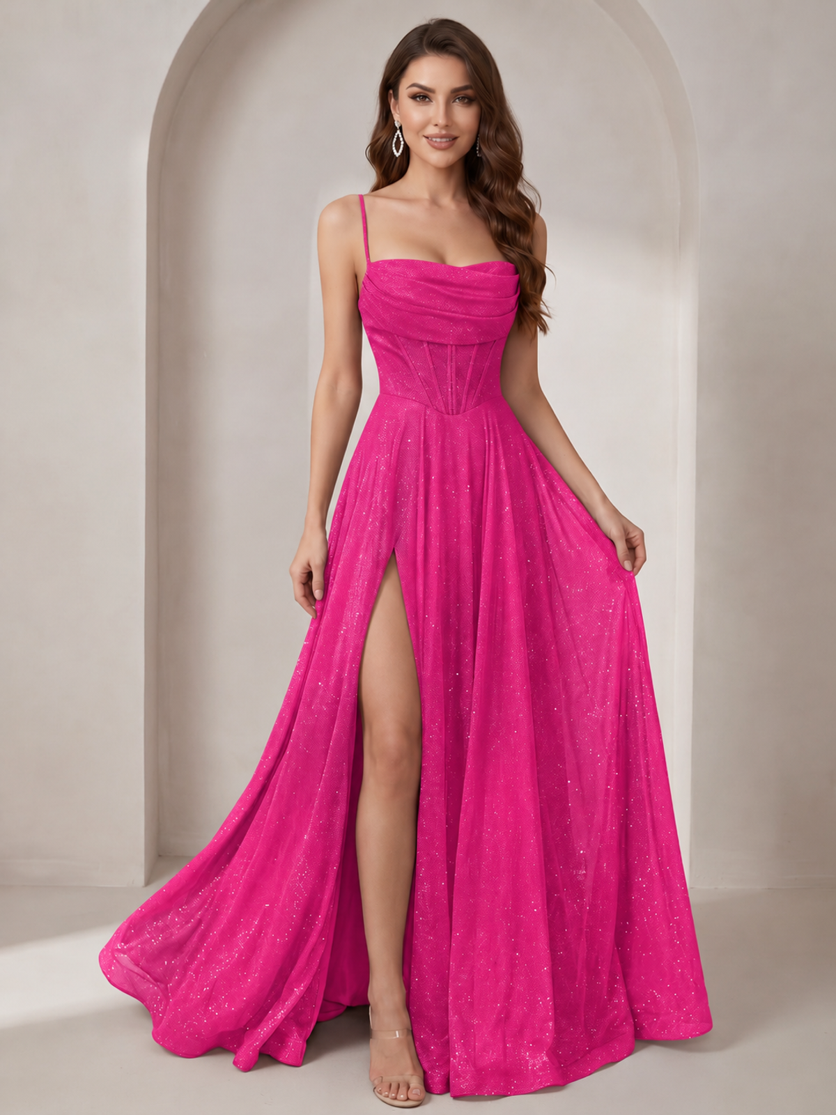 Sparkly Cowl Neck Corset Long Prom Dress with Slit A-line Tulle Ball Gown