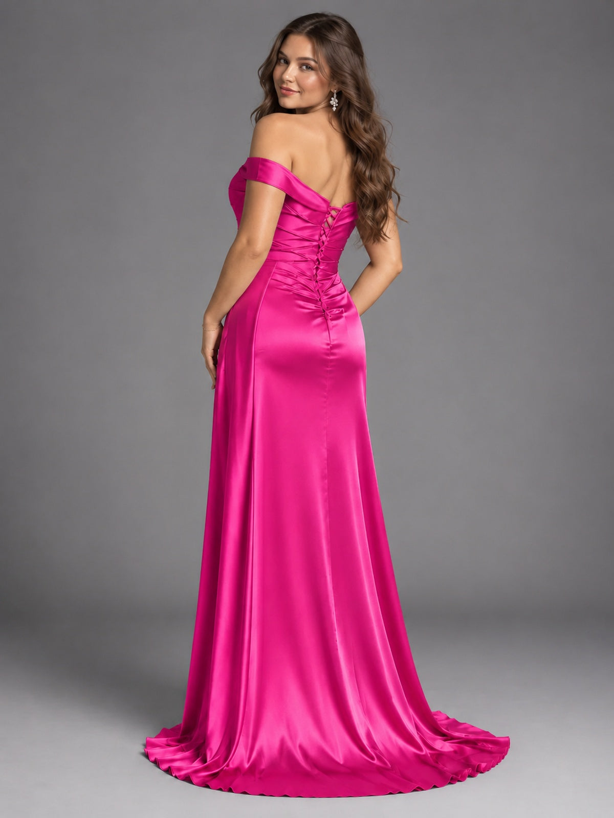 Off Shoulder Satin Maxi Dress with Slit