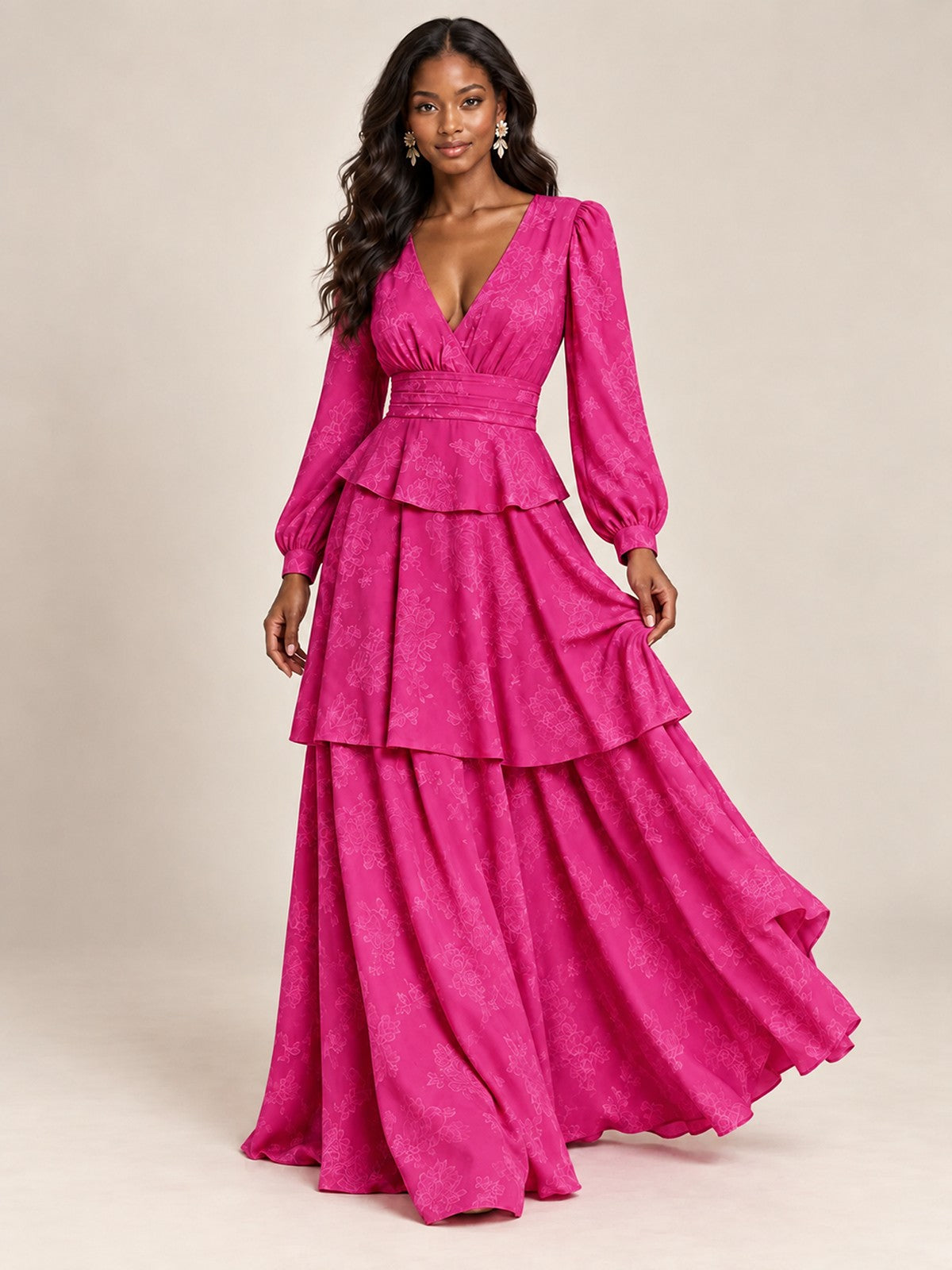 Blush Pink Floral Long Sleeve Maxi Dress