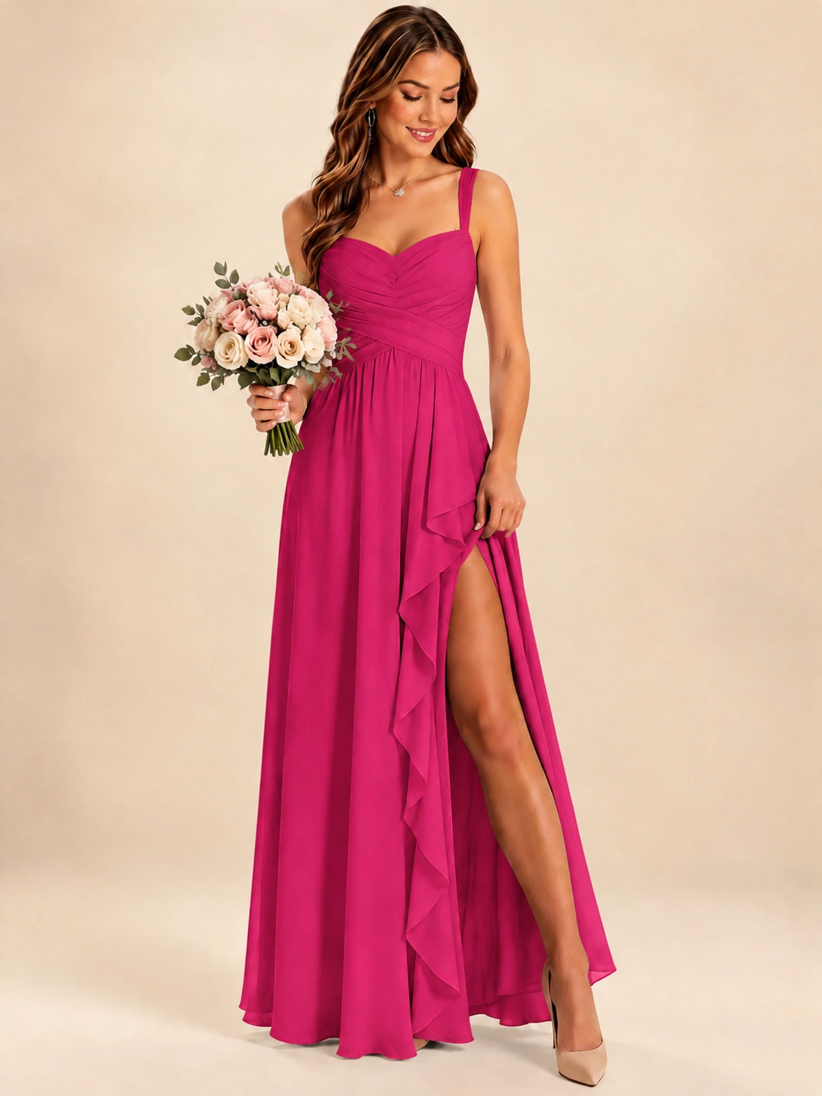 Spaghetti Straps Pleated Chiffon Bridesmaid Dress with Ruffle Slit