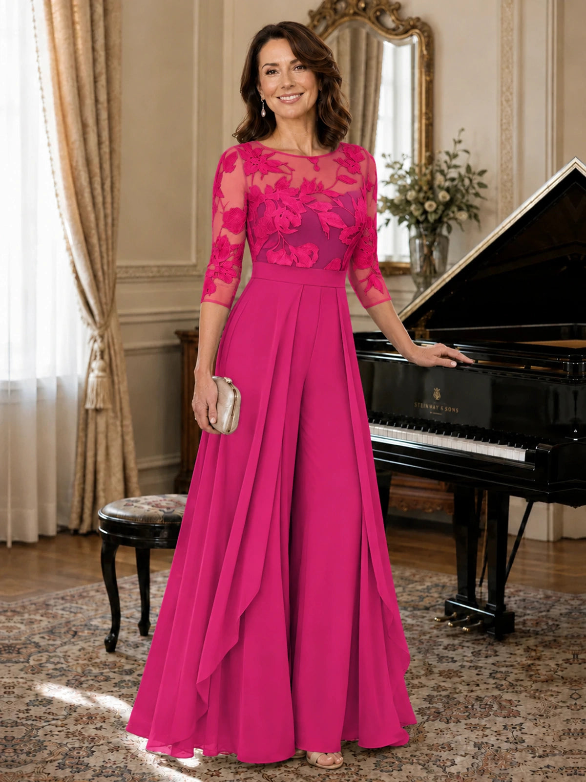 Lace Applique Wide-Leg Chiffon Mother of the Bride Jumpsuit