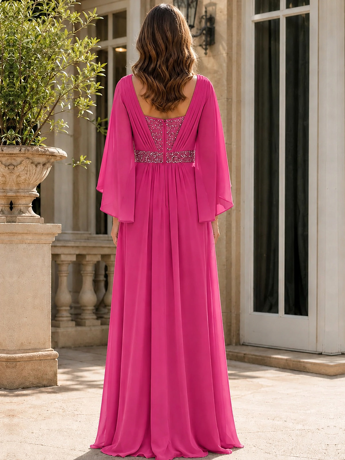 Elegant V-Neck Sequined Chiffon Mother of the Bride Dress with Flutter Sleeves