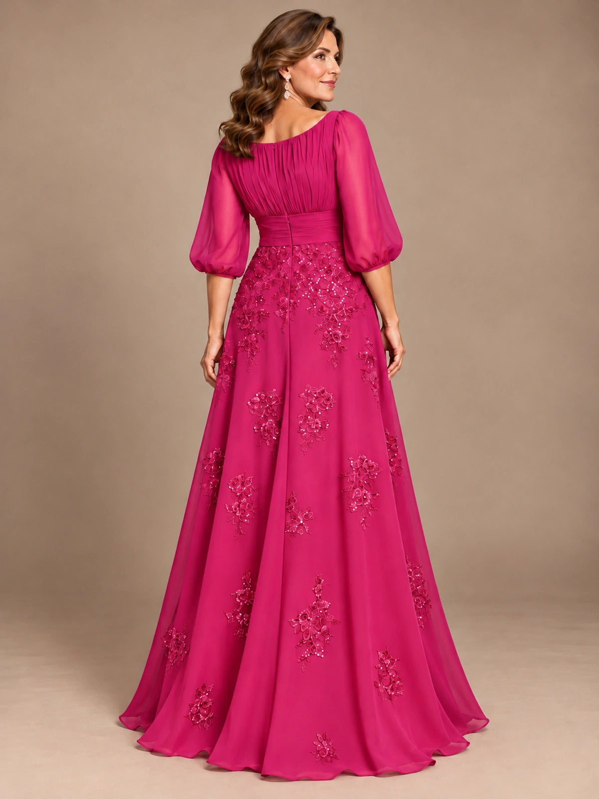 A-Line Mother of the Bride Dress with Sheer Puff Sleeves