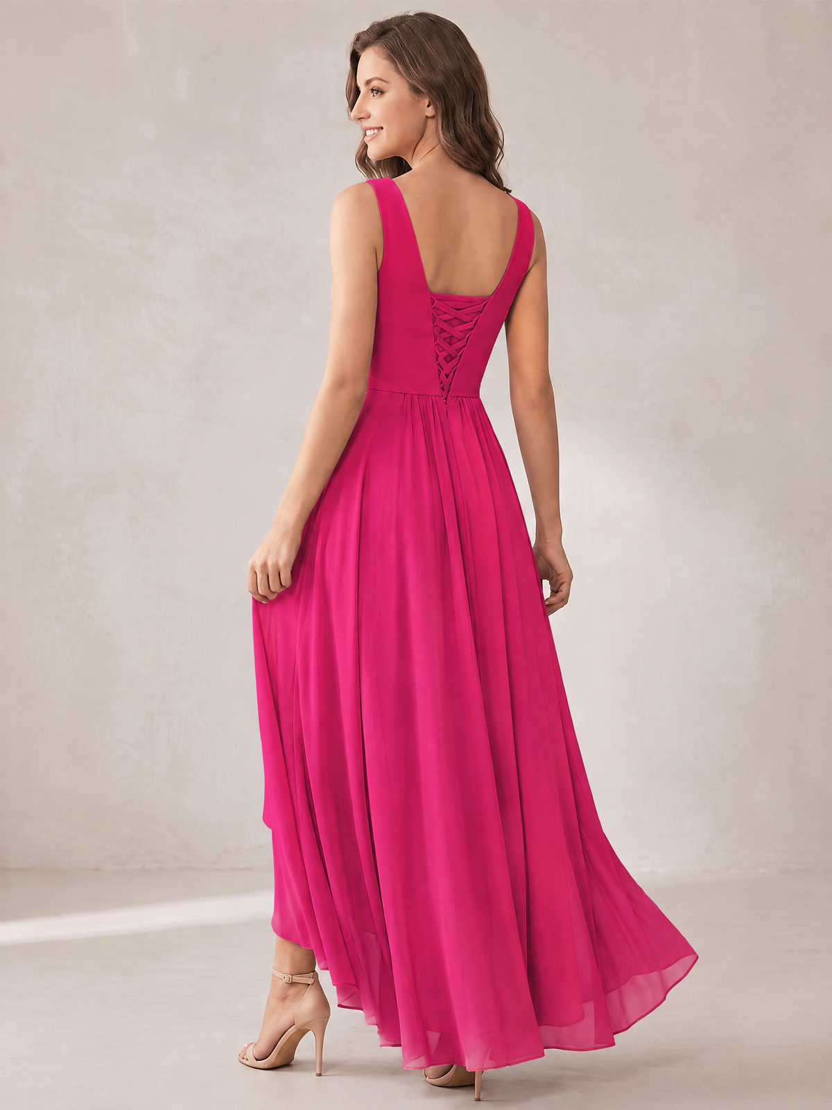 V-Neck High-Low Chiffon Bridesmaid Dress with Ruffles