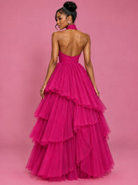 Hot Pink Tulle Halter Neck Tiered Ruffle Maxi Dress