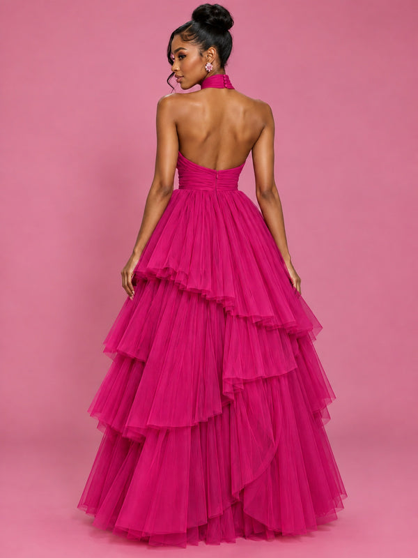 Hot Pink Tulle Halter Neck Tiered Ruffle Maxi Dress