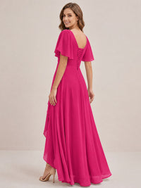 Dusty Blue Chiffon Bridesmaid Dress with Flutter Sleeves & High-Low Hem