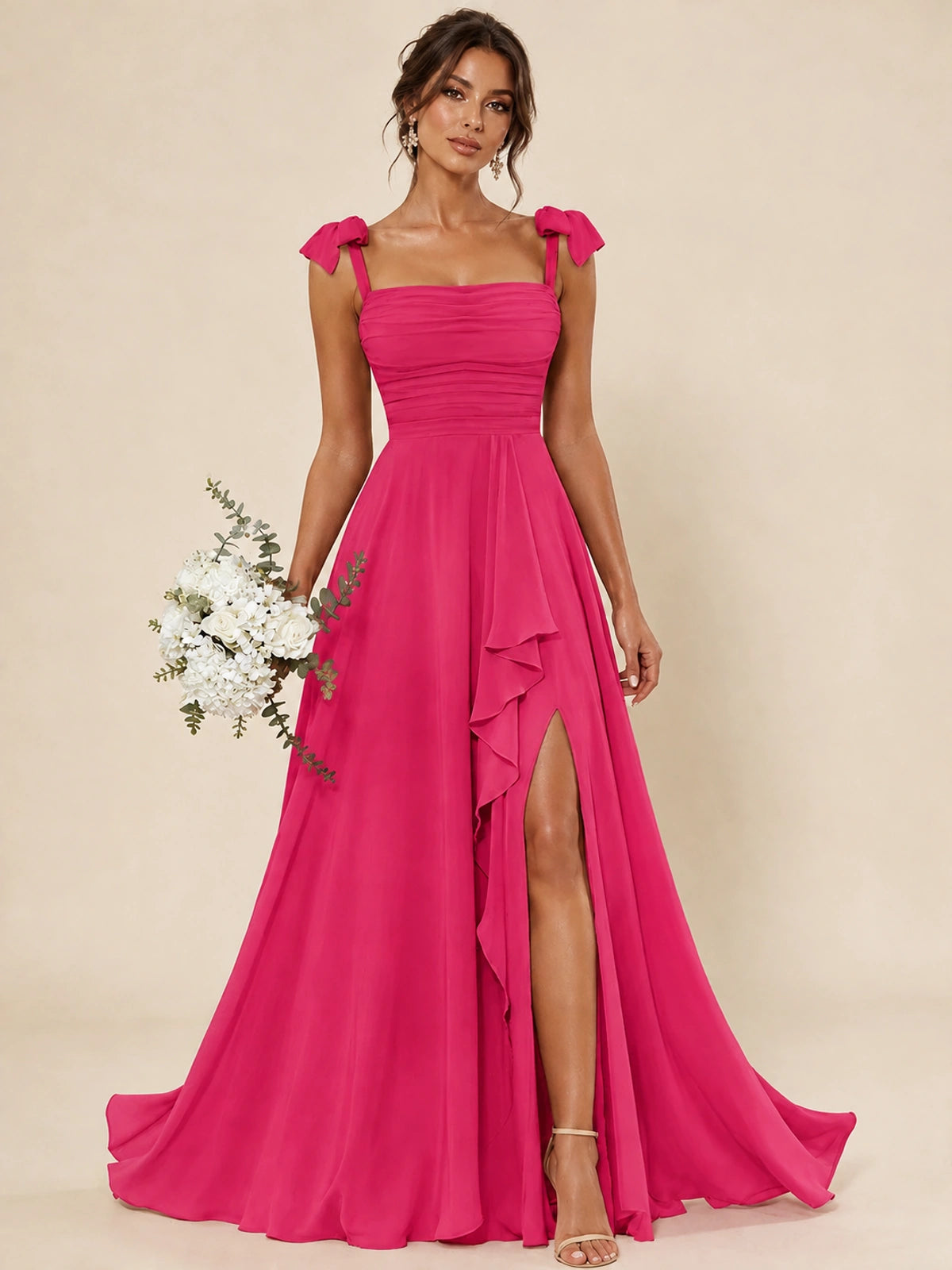 Ruffle Slit Chiffon A Line Scoop Neck Bridesmaid Dresses with Pockets